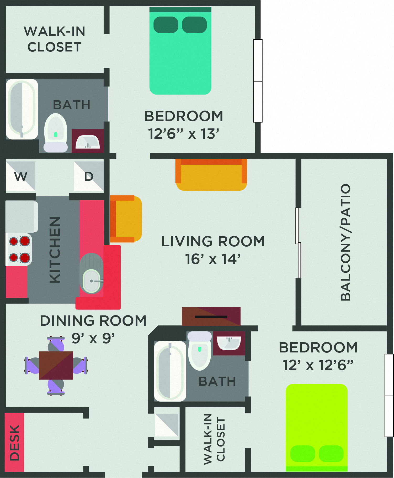 Floor plan for 2 beds, 2 baths, 1105 sqft